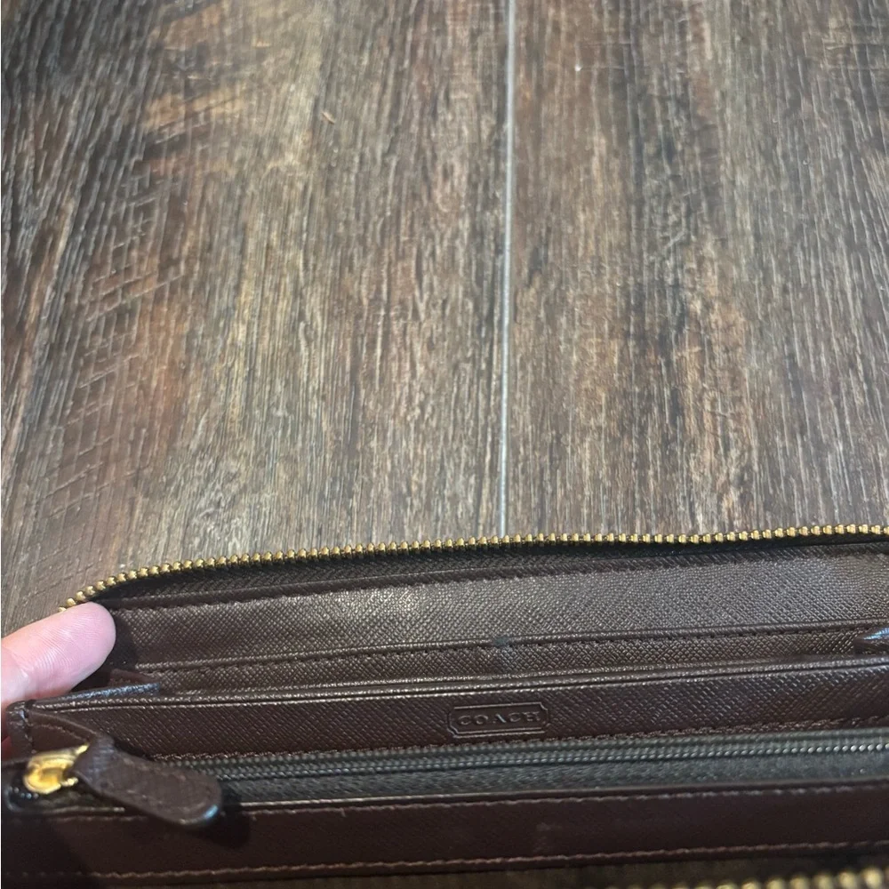 COACH Dark Brown Leather Zip-Around Wallet with Gold Logo